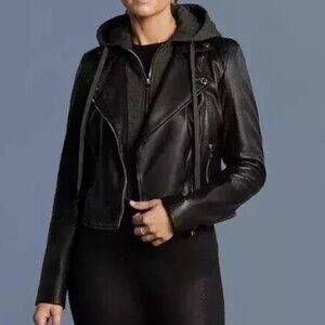 Bod & Christensen Amber Black Leather Moto Jacket w/ Removable Hoodie MSRP $590